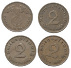 Deutschland - Lots.


Drittes Reich (1933 - 1945).

Lot (4 Stück, Kupfer): 2 Pfennig 1936 A und D (3x).

Sehr schön - fast vorzüglich.

Verka...