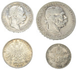 Österreich - Lots.


Kaisertum Österreich (1804 - 1918). 
Franz Joseph I. (1848 - 1916).

Lot (4 Stück, Silber): 5 Kronen 1900, 1 Florin 1892, 2...