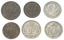 Österreich - Lots.


Kaisertum Österreich (1804 - 1918). 
Franz Joseph I. (1848 - 1916).

Lot (6 Stück, Silber 2x / Kupfer 3x / Kupfer-Nickel): ...