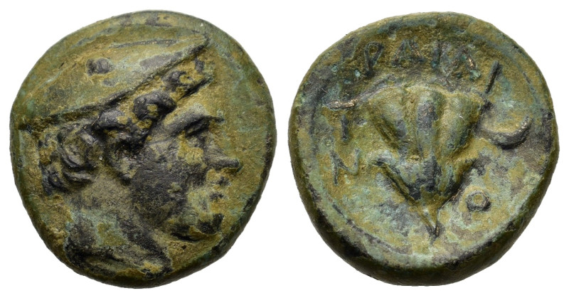 Macedon, Tragilos, c. 400 BC. Æ (15,5mm, 3.6g). Head of Hermes right, wearing pe...