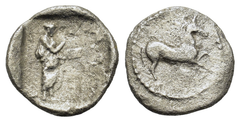 Thessaly, Trikka, c. 440-400 BC. AR Obol (11,3mm, 0.7g). Horse rearing to right....