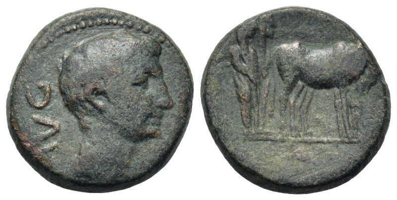 Augustus (27 BC-AD 14). Macedon, Philippi. Æ (17,6mm, 4.8g). Bare head r. R/ Two...