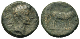 Augustus (27 BC-AD 14). Macedon, Philippi. Æ (18,3mm, 4.5g). Bare head r. R/ Two founders driving yoke of oxen right, plowing pomerium. RPC I, 1656.