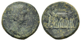 Augustus (27 BC-AD 14). Macedon, Philippi. Æ (16,2mm, 3.5g). Bare head of Augustus r. R/ Two founders driving yoke of oxen right, plowing pomerium. RP...