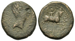 Tiberius (14-37). Macedon, Amphipolis. Bare head of Tiberius r. R/ Artemis Tauropolos, holding billowing veil, riding on bull to right. RPC I, 1631.