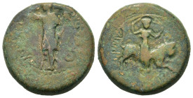 Claudius (41-54). Macedon, Amphipolis. Æ (21,4mm, 10.5g). Claudius standing l., raising arm and holding staff with eagle. R/ Artemis Tauropolis riding...