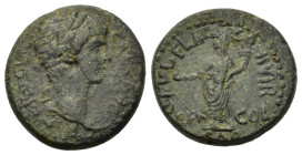 Nero (54-68). Corinthia, Corinth. Æ (19,2mm, 7g). Quintus Fulvius Flaccus, duovir. Laureate head r. R/ The Genius of the Colony, standing left, holdin...