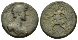 Hadrian (117-138). Corinthia, Corinth. Æ (20mm, 7.3g). Laureate bust r. R/ Artemis wearing short chiton walking, left, quiver over shoulder, holding t...