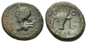 Commodus (Caesar, 177-192). Corinthia, Corinth. Æ (18,5mm, 5.8g). Bare head of Commodus (youthful), right. R/ Melikertes-Palaimon riding on dolphin, r...