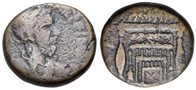 Macrinus (217-218). Æ (22mm, 12.37g, 6h). Ascalon, Judea, 217-218. ATTB K M OP CE MAKPINOC CEB. Bust of Macrinus r. R/ Temple of Phanebal? With Egypti...