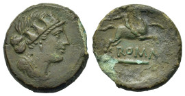 Anonymous, Rome, 217-215 BC. Æ Semuncia (19,2mm, 3.5g). Draped female bust r., wearing mural crown. R/ Horseman r. on galloping horse, holding whip. C...