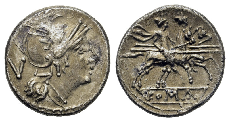 Anonymous, 211-208 BC. AR Quinarius (14,8mm, 1.9g). Rome mint. Helmeted head of ...