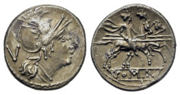 Anonymous, 211-208 BC. AR Quinarius (14,8mm, 1.9g). Rome mint. Helmeted head of Roma right; V (mark of value) behind / The Dioscuri, each holding spea...