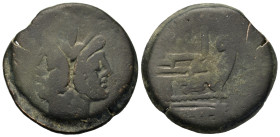 Anonymous, Rome, after 211 BC. Æ As (31mm, 20.9g). Laureate head of Janus. R/ Prow of galley r. Crawford 56/2.