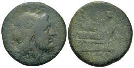 Anonymous. After 211 BC. Æ Semis (26,7mm, 14.7g). Uncertain mint. Laureate head of Saturn right; S (mark of value) to left. R/ Prow of galley right; S...