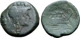 Anonymous, uncertain mint, after 211 BC. Æ Triens (12.77g, 25mm, 8h). Helmeted head of Minerva to right; four pellets (mark of value) above. R/ Prow o...