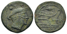 Corn Ear and KA Issue, Sicily, c. 211-208 BC. Æ Sextans (20mm, 6.4g). Head of Mercury wearing petasus. R/ Prow right, wheat ear above, KA to right. RO...