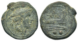 Anonymous, Rome, after 211 BC. Æ Sextans (21,4mm, 7.5g). Head of Mercury to right; •• (mark of value) above. R/ Prow of galley to right; ROMA above, •...