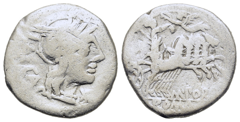 M. Porcius Laeca, Rome, 125 BC. AR Denarius (18,6mm, 3.6g). Helmeted head of Rom...