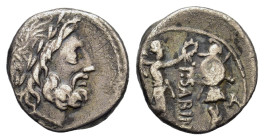 P. Sabinus, Rome, 99 BC. AR Quinarius (12,8mm, 1.6g). Laureate head of Jupiter r.; N behind. R/ Victory standing r., crowning trophy with wreath. Craw...