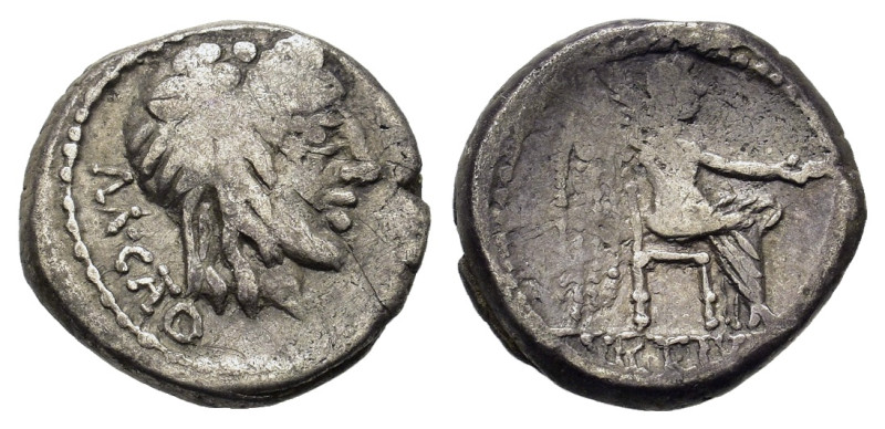 M. Cato, Rome, 89 BC. AR Quinarius (13,2 mm, 2.3g). Head of Liber r., wearing iv...