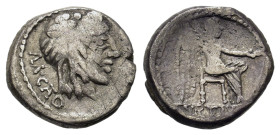 M. Cato, Rome, 89 BC. AR Quinarius (13,2 mm, 2.3g). Head of Liber r., wearing ivy wreath R/ Victory seated r. on throne, holding palm branch and pater...