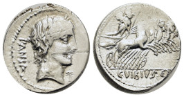 C. Vibius C. f. Pansa, Rome, 90 BC. AR Denarius (18,3mm, 3.9g). Laureate head of Apollo right, control mark below chin, PANSA behind. R/ Minerva drivi...