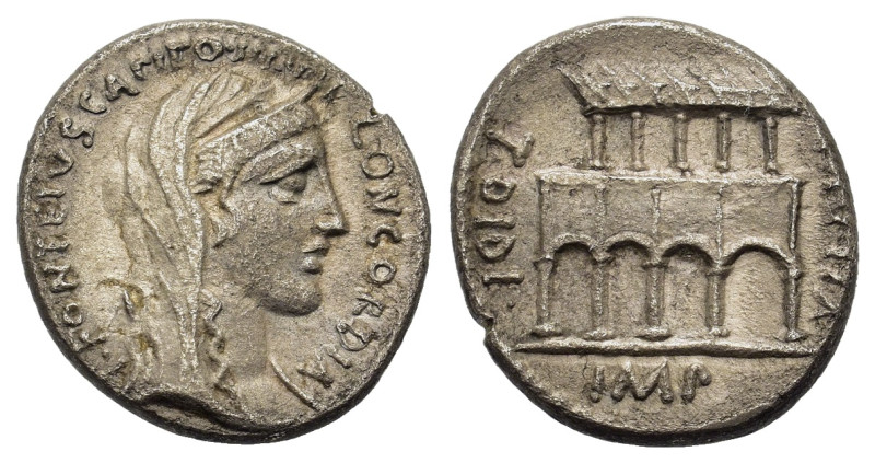 P. Fonteius P.f. Capito, rome, 55 BC. AR Denarius (16mm, 3.4g). Veiled head of C...