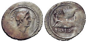 The Pompeians. Sextus Pompey. 42-38 BC. AR Denarius (22mm, 3.8g). Massilia (Marseilles) mint; Q. Nasidius, commander of the fleet. Bare head of Pompey...