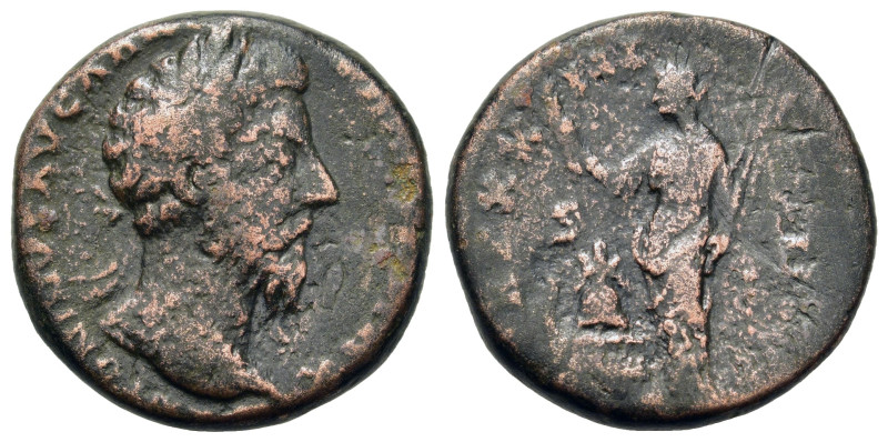 Marcus Aurelius (161-180). Æ As (22,7mm, 9.4g). Laureate head r. R/ Annona stand...