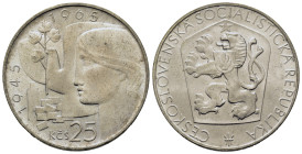 Czechoslovakia. 20th Anniversary - Czechoslovakian Liberation. 25 Korun 1965 (33,8mm, 16g). KM 59.