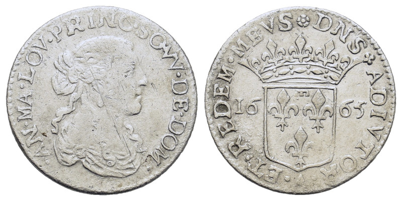 France. Dombes (Principality). Anna Maria Luisa d'Orléans AR 1/12 Ecu 1665 (20,2...