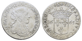 France. Dombes (Principality). Anna Maria Luisa d'Orléans AR 1/12 Ecu 1665 (20,2mm, 1.8g). Trevoux mint. Cammarano 45.