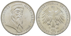 Germany. 500th Anniversary of the death of Johannes Gutenberg. 5 Mark 1968 G (29mm, 11g). KM 122.