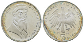 Germany. 500th Anniversary of the death of Johannes Gutenberg. 5 Mark 1968 G (29mm, 11g). KM 122