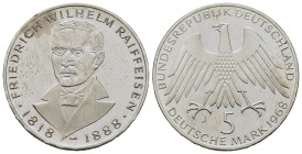 Germany. 150th Anniversary of the birth of Friedrich Wilhelm Raiffeisen. 5 Mark 1968. KM 121.