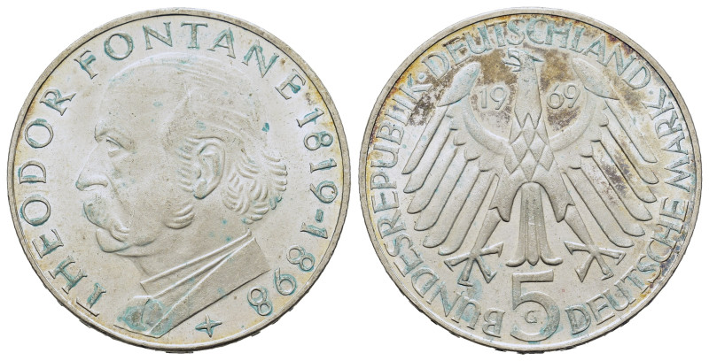 Germany. 150th Anniversary of the birth of Theodor Fontane. 5 Mark 1969 (29mm, 1...