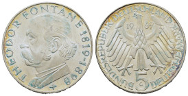 Germany. 150th Anniversary of the birth of Theodor Fontane. 5 Mark 1969 G (29mm, 11,1g). KM 125.