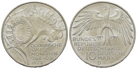 Germany. 20th Summer Olympic Games, Munich 1972. 10 Mark 1972 D (32,4mm, 15.5g). Munich. KM 133.