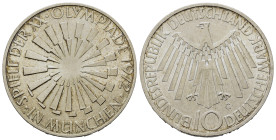 Germany. 20th Summer Olympic Game, Munich 1972. 10 Mark 1972 G (32,4mm, 15.5g). KM 134.