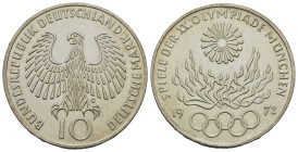 Germany. 20th Summer Olympic Games, Munich 1972. 10 Mark 1972 G (32,4mm, 15.5g). KM 135.