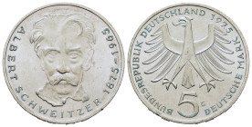 Germany. 100th Anniversary of the birth of Albert Schweitzer. 5 Mark 1975 G (29mm, 11.2g). KM 143.