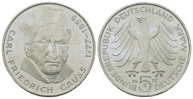 Germany. 200th Anniversary of the birth of Carl Friedrich Gauss. 5 Mark 1977 J (29mm, 11g). KM 145.