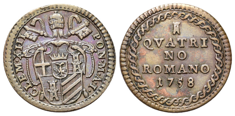 Italian States, Stato Pontificio (Papal States). Clement XIII. Rome, 1758. Æ Qua...