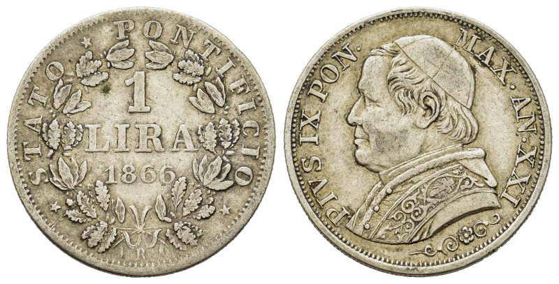 Vatican State. Pius IX (1846-1878.). AR 1 Lira 1866 (23,4mm, 5g). Pagani 568.