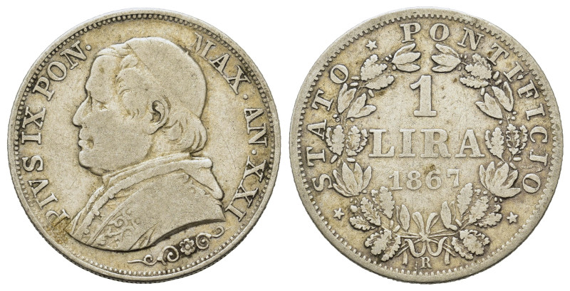 Vatican State. Pius IX (1846-1878.). AR 1 Lira 1867 (23,3mm, 4.8g). Gigante 298.