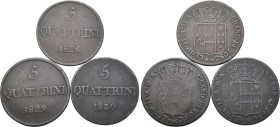 Lot of 3 Italian States, Toscana (Tuscany, Grand Duchy). Leopold II di Lorena BI 5 Quattrini. Firenze (Florence) mint, 1826, 1829 and 1830. Cosimo Rid...