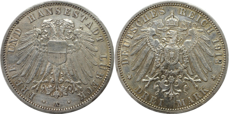 Deutsche Münzen und Medaillen ab 1871, REICHSSILBERMÜNZEN, Lübeck. 3 Mark 1912 A...