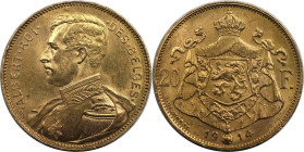 Europäische Münzen und Medaillen, Belgien / Belgium. Albert I. (1909-1934). 20 Francs 1914. Gold. 6,45 g. 21 mm. KM 78, Fried. 421. Vorzüglich