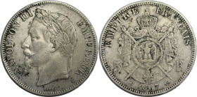 Europäische Münzen und Medaillen, Frankreich / France. Napoleon III. (1852-1870). 5 Francs 1867 BB. Silber. KM 799.2. Sehr schön+. Kl.Flecken